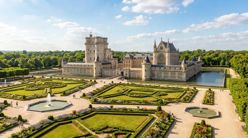 Une photo du Château de Vincennes et de ses jardins sous un ciel ensoleillé