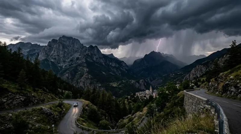 Une photo d'un paysage montagneux dans les Alpes-Maritimes sous un ciel d'orage.