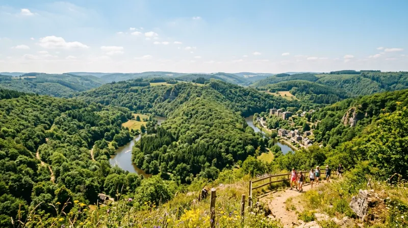 Une photo d'un paysage de forêts et de collines dans les Ardennes sous un soleil radieux et une chal