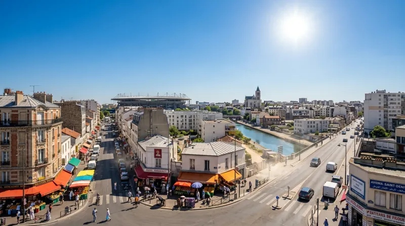 Une photo d'un paysage urbain en Seine-Saint-Denis sous un soleil radieux et une forte chaleur