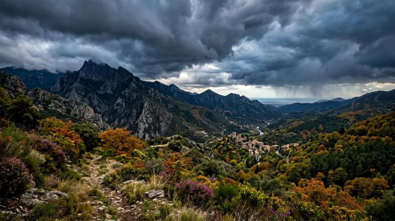 Une photo d'un paysage des Pyrénées-Orientales sous un ciel d'orage
