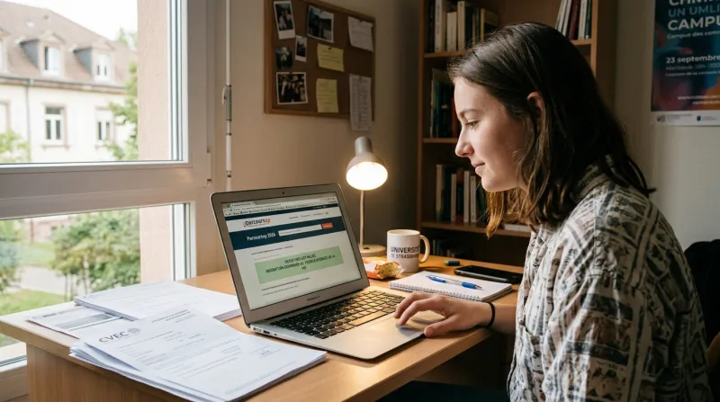 Une photo d'un étudiant travaillant sur son ordinateur portable pour s'inscrire à l'université