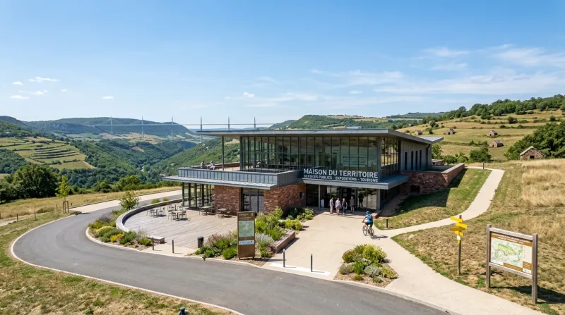 Une photo d'un bâtiment public moderne dans un paysage typique de l'Aveyron sous un ciel clair