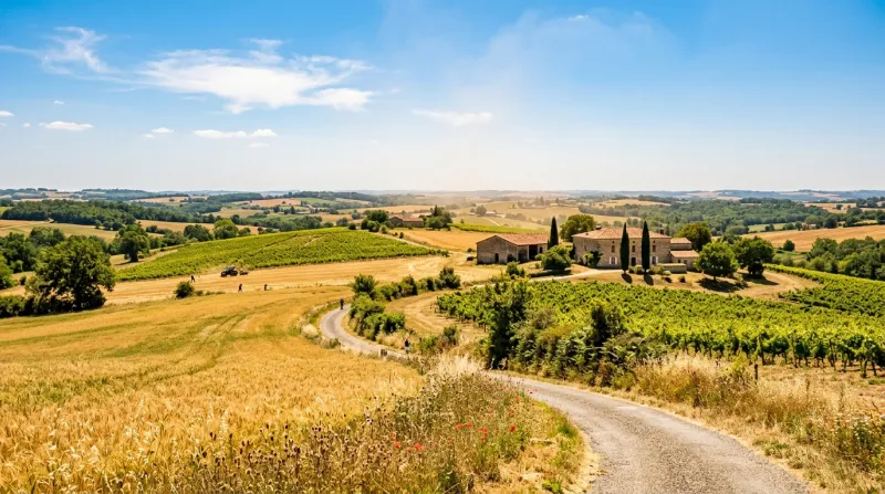 Une photo d'un paysage de campagne en Charente sous un soleil éclatant et une forte chaleur.