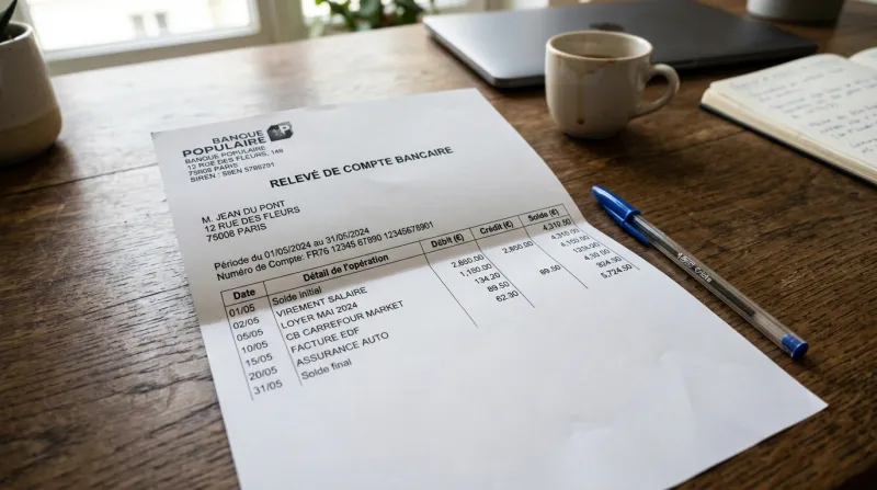 Une photo d'un relevé de compte bancaire papier posé sur un bureau avec un stylo à côté