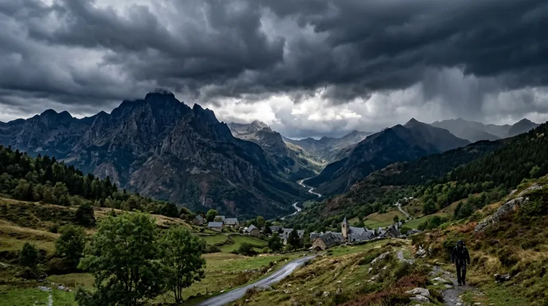 Une photo d'un paysage de montagne dans les Pyrénées-Atlantiques sous un ciel orageux et chargé.
