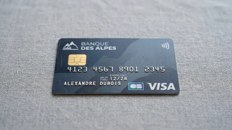 Une photo d'une carte bancaire avec une date d'expiration visible sur un fond neutre