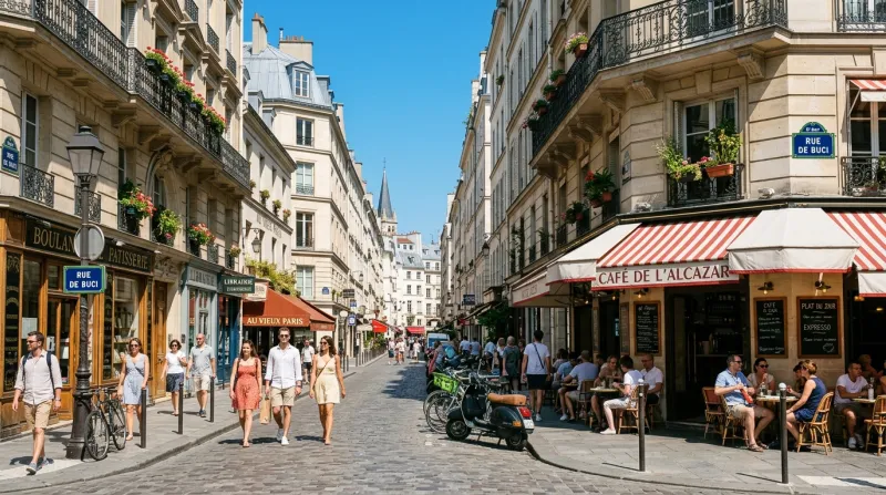 Une photo d'une rue typique de Paris sous un soleil de plomb et un ciel bleu dégagé