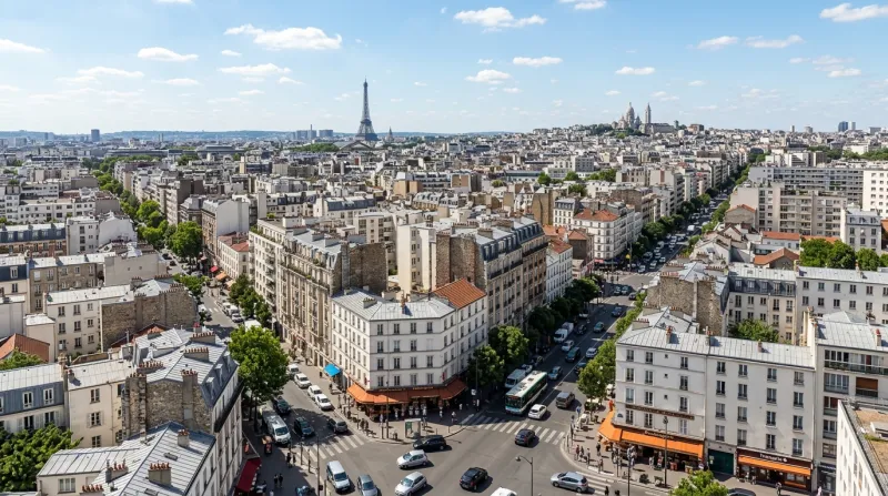 Une photo d'un paysage urbain dense de la Petite Couronne parisienne sous un soleil éclatant