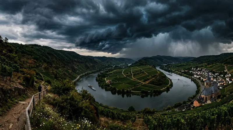 Une photo d'un paysage de la Moselle sous un ciel nuageux et menaçant avant l'orage