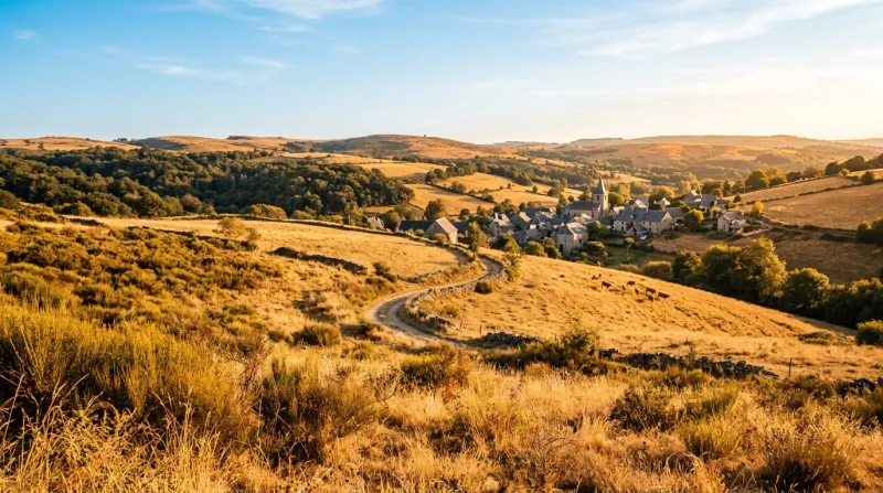 Une photo d'un paysage ensoleillé en Corrèze avec une végétation dorée par la chaleur