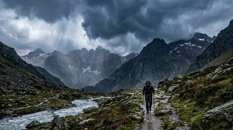 Une photo des montagnes des Hautes-Pyrénées sous un ciel d'orage avec de la pluie