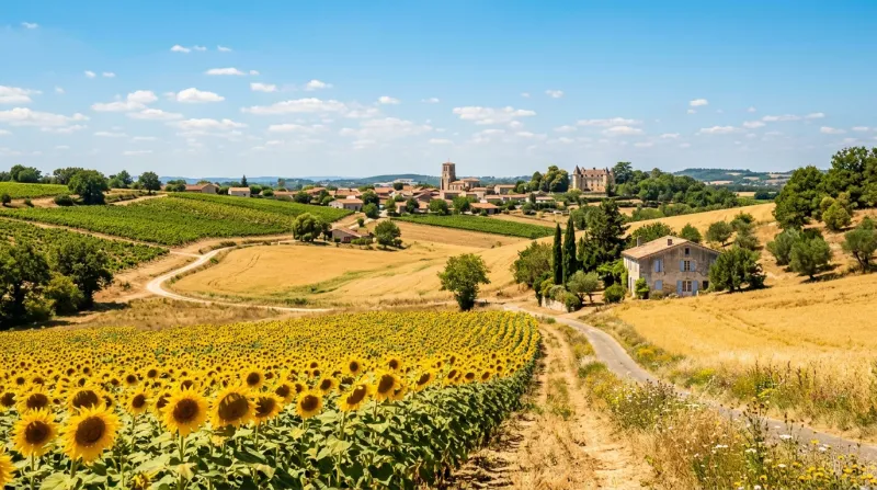 Une photo d'un paysage de la Charente sous un soleil radieux évoquant une forte chaleur estivale