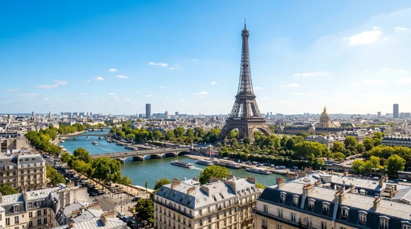 Une photo de la ville de Paris sous un ciel bleu et un soleil éclatant