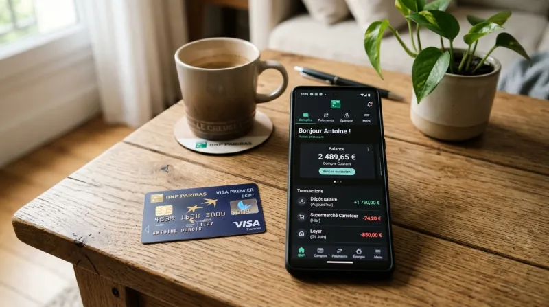 Une photo d'une carte bancaire posée à côté d'un smartphone affichant une application de gestion ban
