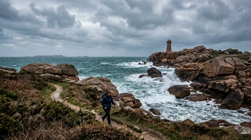 Une photo d'un paysage côtier des Côtes-d'Armor sous un ciel couvert et venteux