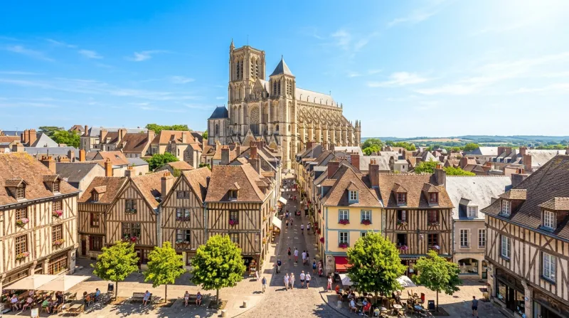 Une photo de la ville de Bourges sous un soleil éclatant et un ciel bleu lors d'une journée de forte