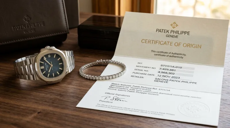 Une photo d'une montre de luxe et d'un bijou posés à côté d'un certificat d'authenticité officiel