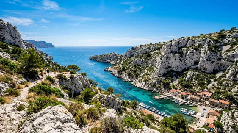 Une photo du Parc national des Calanques dans les Bouches-du-Rhône sous un ciel bleu et ensoleillé