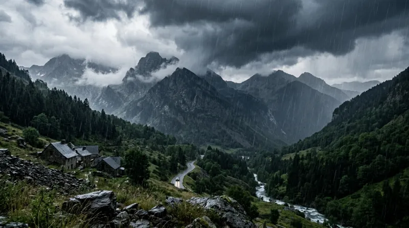 Une photo des montagnes de l'Ariège sous un ciel orageux avec de la pluie