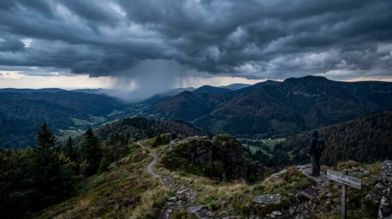 Une photo des paysages montagneux des Vosges sous un ciel orageux