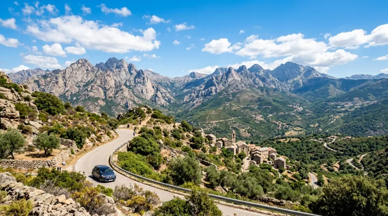 Une photo d'un paysage montagneux de Haute-Corse sous un ciel ensoleillé