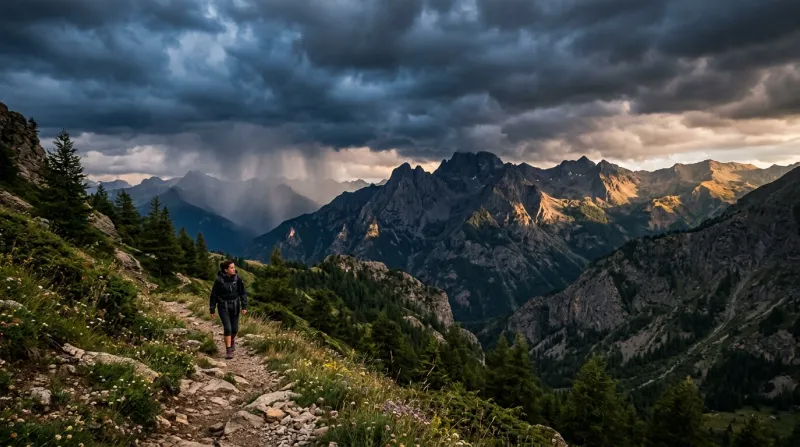 Une photo d'un paysage de montagne dans les Alpes-de-Haute-Provence sous un ciel orageux en fin de j