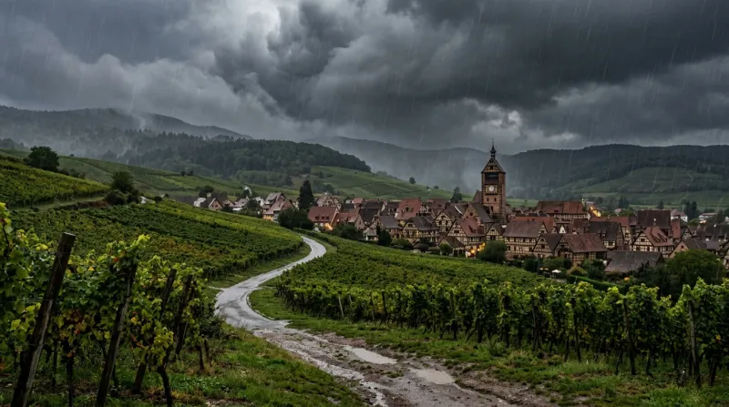 Une photo d'un paysage alsacien dans le Bas-Rhin sous un ciel d'orage avec de la pluie
