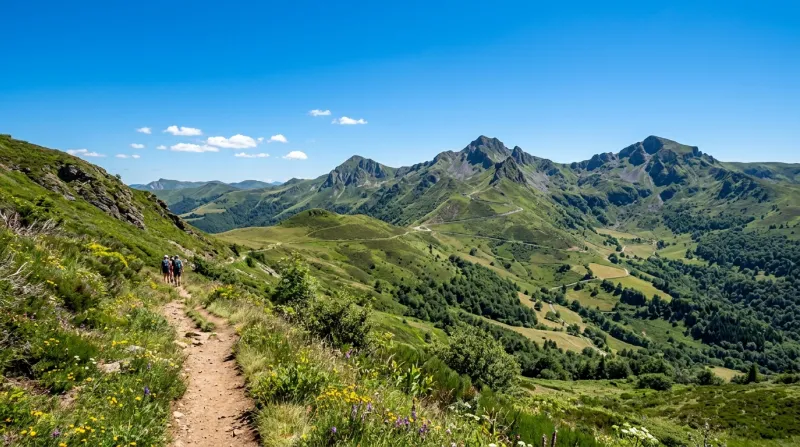 Une photo d'un paysage de montagne dans le Cantal sous un soleil intense et un ciel clair
