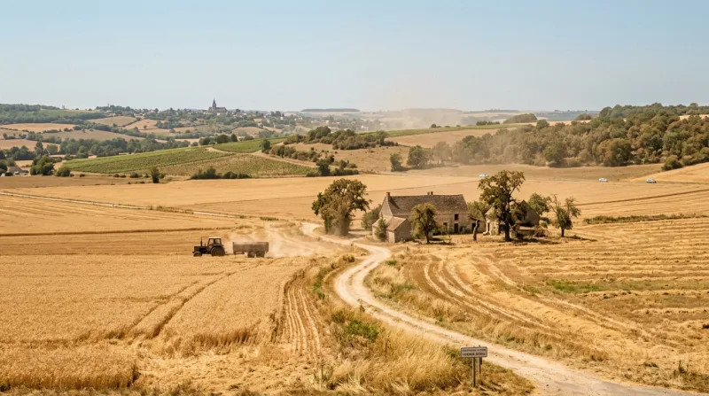 Une photo d'un paysage ensoleillé dans le département du Cher sous une forte chaleur