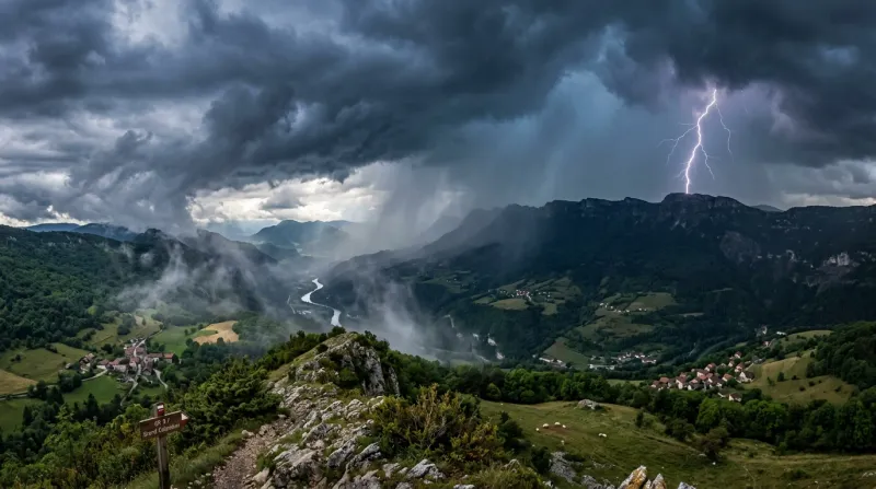 Une photo d'un paysage de montagne dans l'Ain sous un ciel d'orage