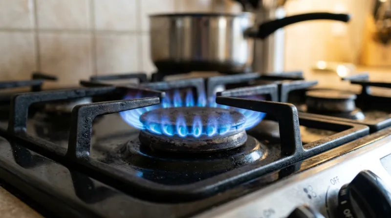Une photo d'une flamme bleue sur un brûleur de cuisinière à gaz