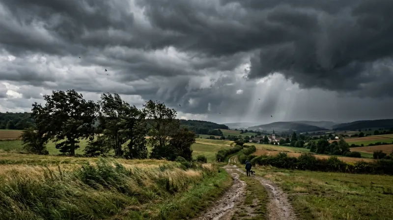 Une photo d'un paysage de la Haute-Saône sous un ciel orageux avec du vent