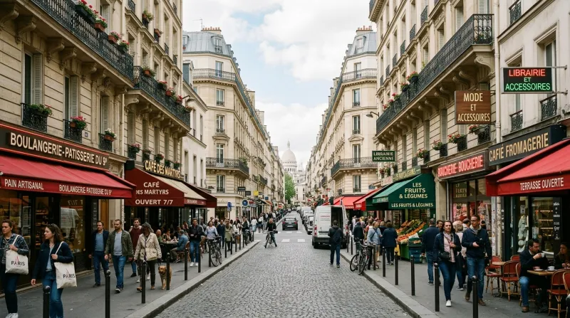 Une photo d'une rue animée du 9ème arrondissement de Paris avec son architecture haussmannienne et s