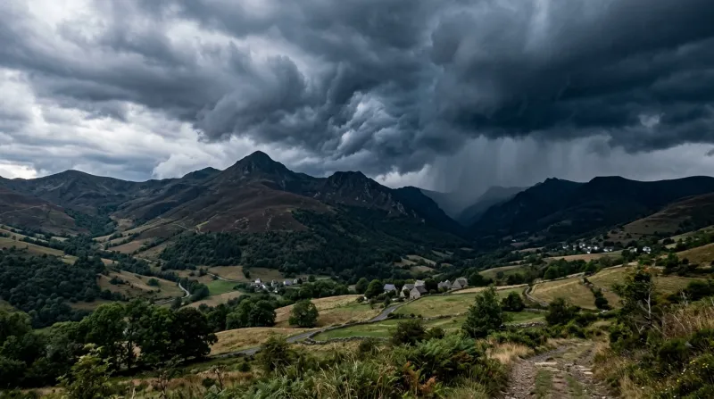 Une photo de nuages d'orage sombres au-dessus des monts du Cantal