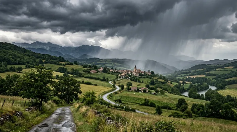 Une photo d'un paysage de la Haute-Garonne sous un ciel d'orage avec des averses