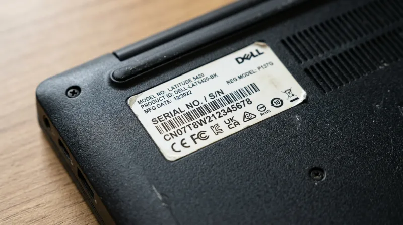 Une photo en gros plan d'un numéro de série au dos d'un ordinateur portable
