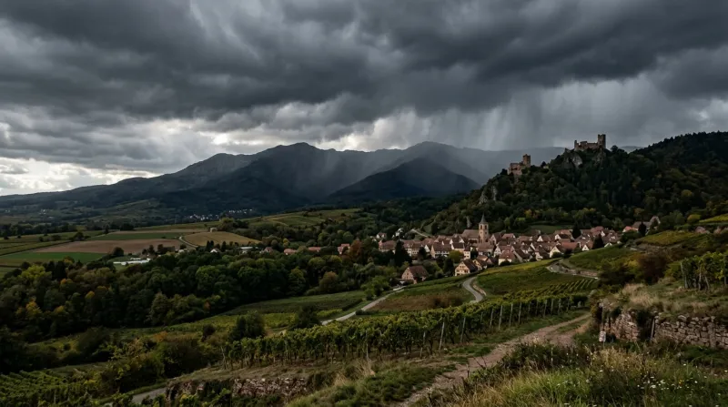 Une photo d'un paysage du Haut-Rhin sous un ciel d'orage avec les montagnes des Vosges en arrière-pl