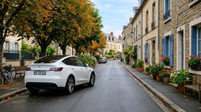Une photo d'une voiture électrique moderne garée dans une rue calme.