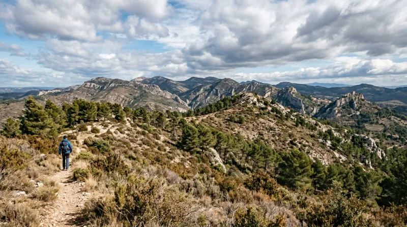 Une photo du massif des Corbières dans l'Aude avec une végétation sèche et des pins sous un ciel ven
