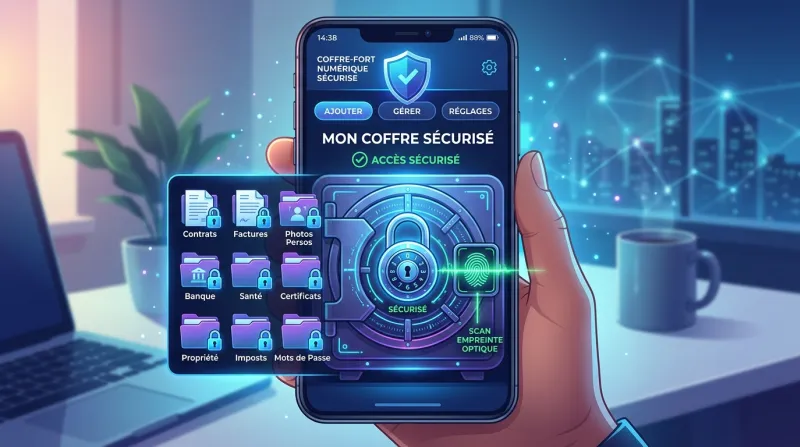 Une illustration d'un coffre-fort numérique sécurisé avec des icônes de documents et de cadenas sur 