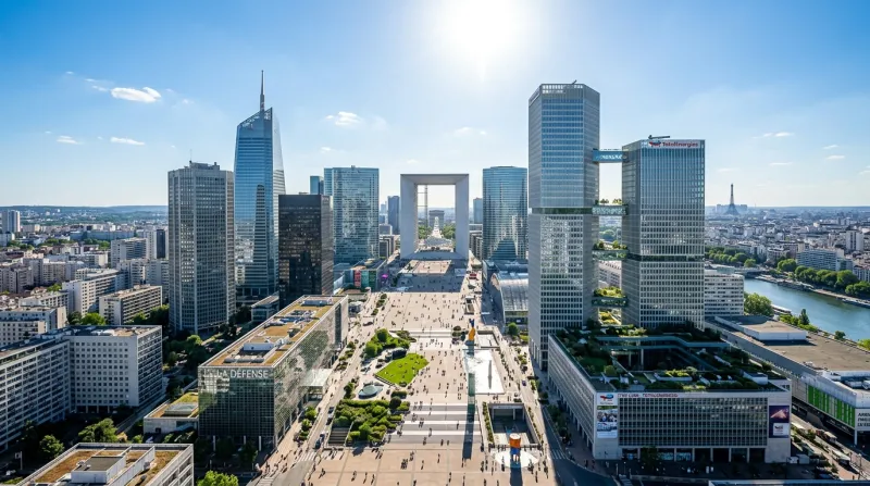 Une photo du paysage urbain de La Défense dans les Hauts-de-Seine sous un soleil éclatant