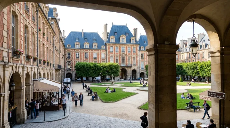Une photo d'une vue emblématique du 4ème arrondissement de Paris, mettant en avant l'architecture hi