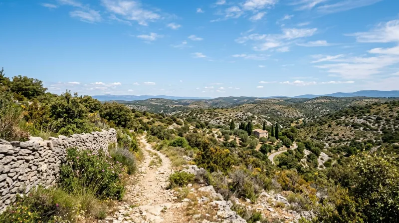 Une photo d'un paysage de garrigues dans le Gard sous un ciel dégagé