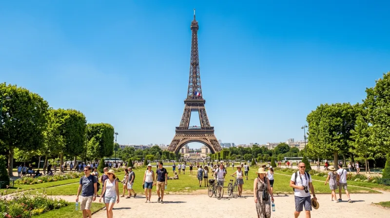 Une photo de la Tour Eiffel à Paris sous un ciel bleu azur et une chaleur intense