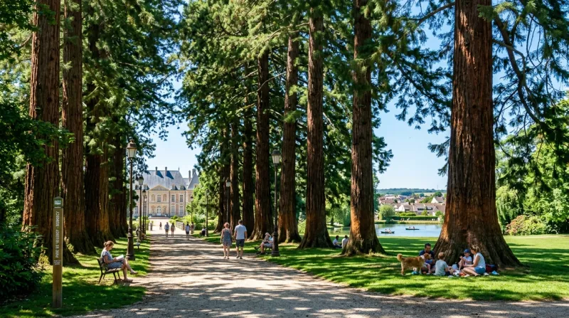 Une photo d'un parc urbain ombragé en Essonne sous un soleil éclatant et un ciel bleu