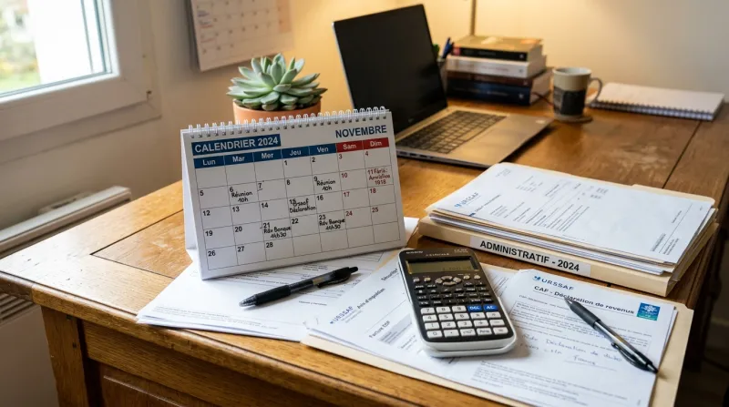 Une photo d'un calendrier posé sur un bureau à côté d'une calculatrice et de documents administratif