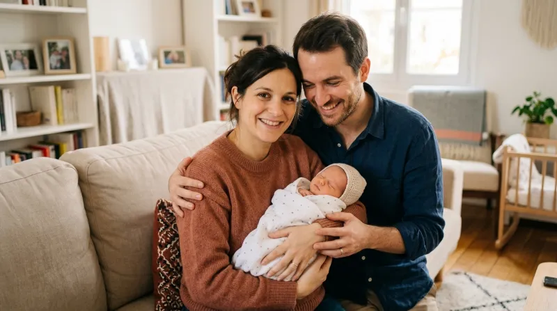 Une photo d'un couple de parents souriants tenant leur nouveau-né dans les bras à la maison