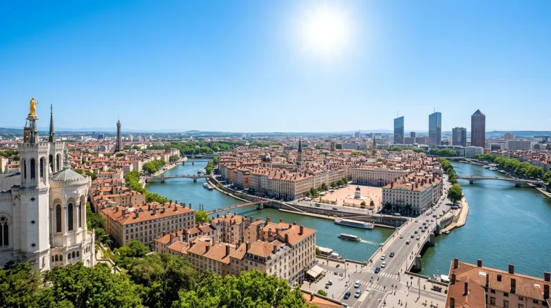 Une photo de la ville de Lyon sous un soleil de plomb et un ciel dégagé