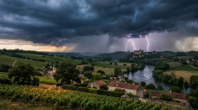 Une photo d'un paysage de la Charente sous un ciel s'assombrissant et orageux